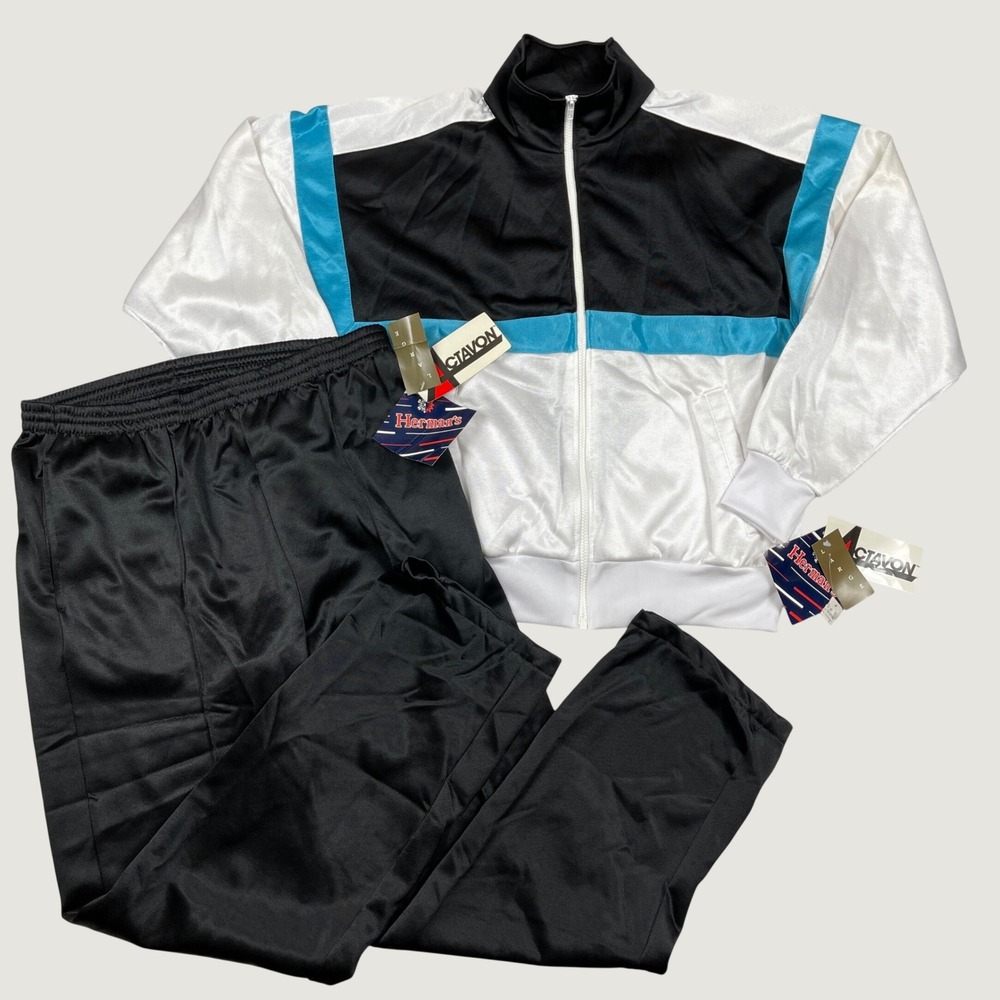 Hermans Tracksuit Mens Large Black White Blue Actavon Warm Up Suit Vintage 80s